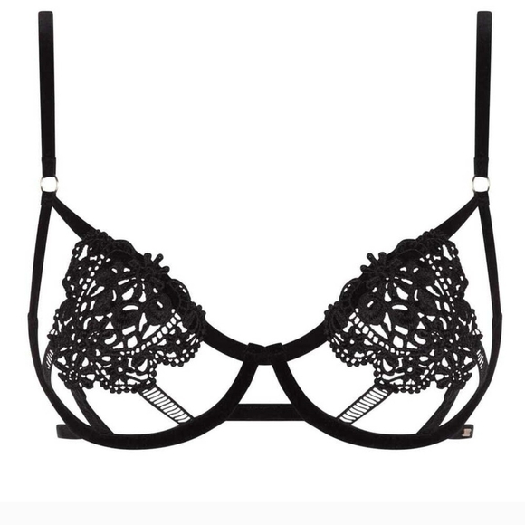 Bluebella Pandora Feminine Floral Appliqué Velvet Trim Underwire Bra Black 32C - Picture 1 of 16